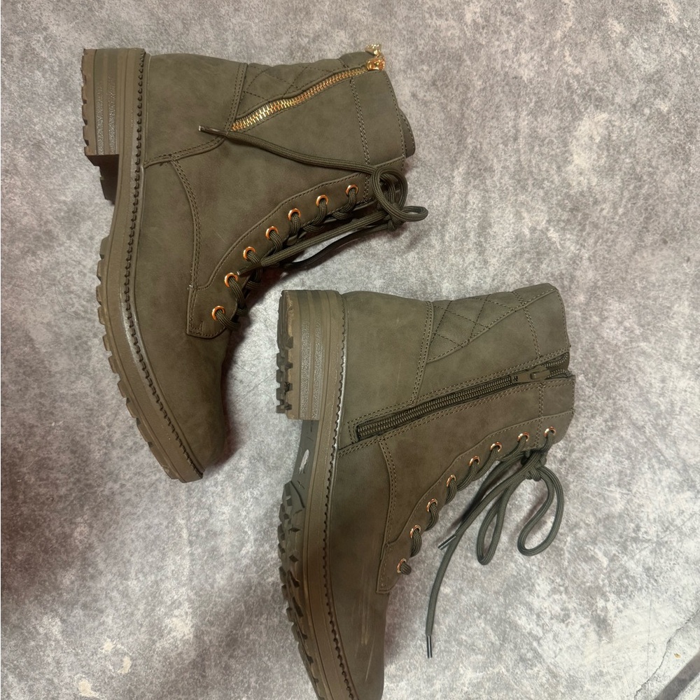 G by Guess Olive Green Lace-Up Moto Boots with Zipper